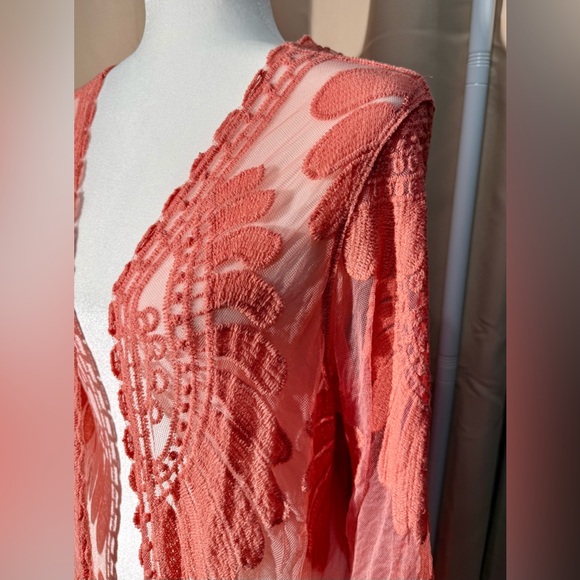 Rebellion Again Coral Pink Sheer Lace Maxi Duster Cardigan - Medium - NWT - Picture 7 of 11